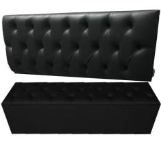 Kit Cabeceira e Recamier Luna Capitonê Baú Queen Cama Box Preto RBL