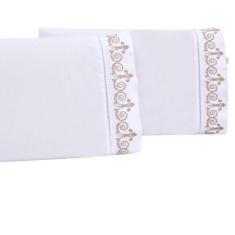 Jogo lençol quarto casal king bordado 3 peças branco caqui - Shoppingn