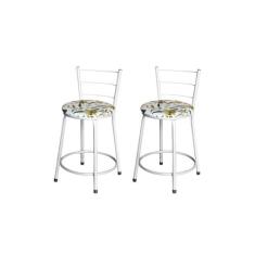 Jogo 2 Banqueta Baixa Para Cozinha Epoxi Branca Estofado Floral - Lama