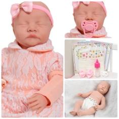 Boneca Bebê Reborn Recém Nascida Vestido Salmão 11 Itens - Cegonha Reb