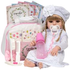 Boneca Tipo Reborn Gatinha Cabelo Longo + Vários Itens Bolsa - Cegonha