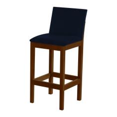 Banqueta Alta Luxo Pérola com Encosto Estofada em Veludo Azul Petróleo Madeira Maciça Imbuia