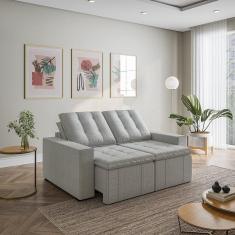 Sofá Cama Retrátil e Reclinável 3 Lugares 180cm em Linho com Molas e Braço Reto Palmeira Cabecasa Ma Prata