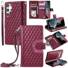 Furill Capa de telefone para Samsung Galaxy S24 Ultra 5G capa carteira com alça de pulso transversal alça de ombro 9+ compartimentos para cartões bolsa com zíper bolsa de couro suporte celular