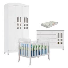 Quarto de Bebê New Selena 3 Portas com Berço Lila e Cômoda Gran Selena Branco Brilho e Colchão Gazin – Carolina Móveis