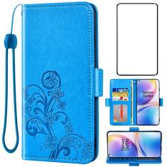 Asuwish Capa carteira compatível com OnePlus 8 Pro One Plus 8Pro 5G e protetor de tela de vidro temperado flip bolsa alça de pulso suporte para cartão de crédito capa de celular para On 1Plus 1 +