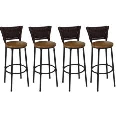 Kit 4 Banquetas Alta Preta Junco Argila com Assento Marrom Fortmix