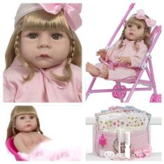 Boneca Bebê Reborn Realista Loira Enxoval Bolsa Carrinho - Cegonha Reb