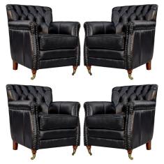 Kit 04 Poltronas Decorativas Sala de Estar Níger Pés Príncipe Couro Preto - Gran Belo