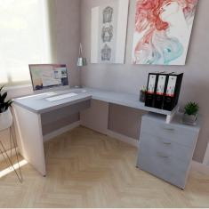 Mesa Auxiliar com Gaveteiro Pedestal Pasta Suspensa e 2 Gavetas Natus Bramov Móveis Branco/Cinza