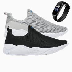 Kit 2 Par Tênis Masculino Esporte Academia Caminhada Corrida Super Leve + Relógio-Masculino