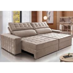 Sofá Retrátil E Reclinável 2,55M Cama Inbox Big Star Com Softgel D40 Velupluma Bege