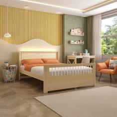 Cama Casal Wave Juvenil Montessoriana Reversivel em Rattan com Led Casatema Branco/Natural