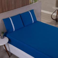 Jogo Lençol Queen Liso Elástico Malha 100% Algodão - Meta Mark, Azul R