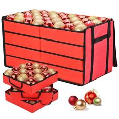 BROSYDA Caixa de armazenamento de enfeites de Natal, organizador de ornamentos com 8 bandejas removíveis e divisórias ajustáveis comporta 128 peças de bolas de decoração, zíper duplo para