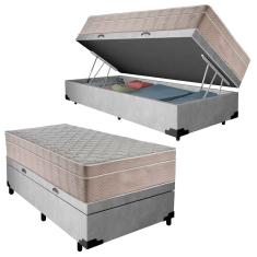 Cama Box Baú Suede Solteiro + Colchão SerenePrime Molas Ensacadas 88x188x69