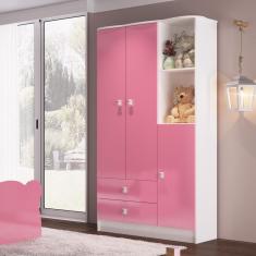 Guarda Roupa de Bebê 3 Portas 2 Gavetas Branco/Rosa