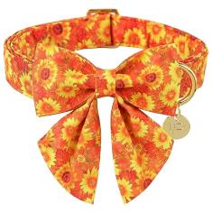 UP URARA PUP Coleira de cachorro de outono com gravata borboleta e flor, gravata borboleta de algodão e coleira de cachorro de flor para meninos ou meninas, linda coleira de girassol para animais de estimação com fivela de metal