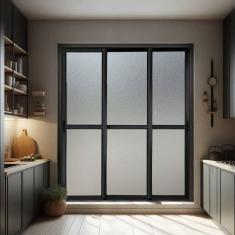 Porta de Correr 3 Folhas Moveis Sequenciais 210 X 240 Elite com Fecho Automático Vidro Liso Preto