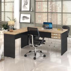 Mesa Para Escritório Em L 1,60x1,60m Tampo E Pés 30mm C-gav. Carvalho C-preto ônix