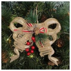 Kit 2 Enfeite Pendente Natalino Laço Dourado Com Brilho Natal 18cm