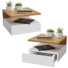 Kit 2 Mesas de Cabeceira Suspensa 1 Gaveta Inferior Branco/freijó