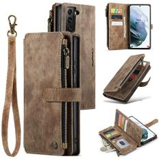UEEBAI Capa carteira para Samsung Galaxy S21 FE 5G, capa de telefone premium feita à mão de couro PU com compartimentos para cartões, fecho magnético, bolso com zíper, suporte, capa flip com alça de