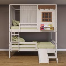 Beliche Casinha Reta com Grade Removível Escorregador e Cortina Madeira Maciça Branco/ Amêndoa Housin