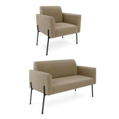 Sofá Namoradeira E Poltrona Pé De Ferro Preto Marisa Suede Marrom Rato D03 - D`rossi