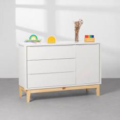 Cômoda Theo 1 Porta com Pés Square Natural - Branco Fosco - Abra Casa