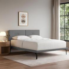 Base Box Cama Japonesa Toquio Queen Com Cabeceira Almofada Linho Cinza