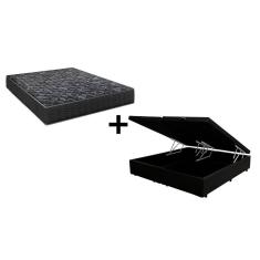 Cama Box Baú Casal 138 Bipartido Tecido Sintético Preto com Colchão Lisboa Espuma D28 Preto