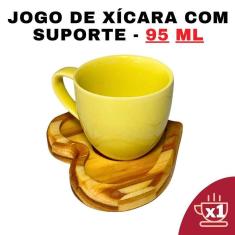 Kit Porta Xícara Coração Com Xícara Porcelana Amarela 95Ml