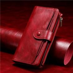 Capa de couro magnética destacável para iPhone X XS XR 11 12 13 14 15 Pro Max Capa carteira com zíper, vermelha, para iPhone 13