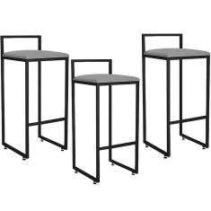 Kit 03 Banquetas Alta Cozinha Hanna L02 Preto Corano Cinza