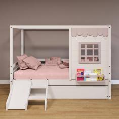 Bicama Casinha Reta com Escorregador Madeira Maciça Branco/ Rosa Housin