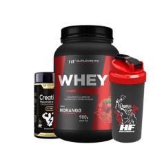 Whey Protein Morango 900G + Creatina 3G 120Caps Pura + Coq - HF Suplem