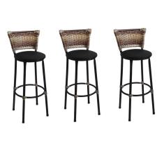 Kit 3 Banquetas Médias Preta com Encosto Junco Capuccino Assento Preto