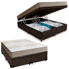 Cama Box Baú Casal Bipartido Sintético + Colchão De Molas Ensacadas Portobel Ipanema - 138x188x66cm Marrom