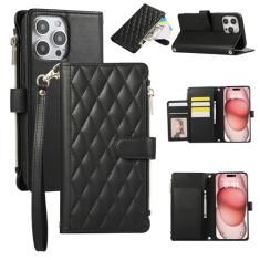 Capa carteira para iPhone 12 Pro Max, capa de couro para celular com 6 compartimentos para cartão e 1 compartimento para dinheiro e 1 bolsa com zíper, fivela magnética à prova de choque com corda de