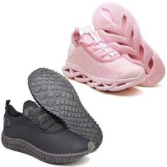 Kit Tênis Feminino Esportivo Evoltenn 2 Pares Confotavel Rosa/Preto, R