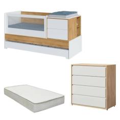 Berço Multifuncional com Cama Auxiliar Sol e Mar com Colchão e Comoda Branco/Carvalho Treviso