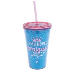 Copo Azul Com Canudo Melhores Amigas 450Ml - Fings Store, Copo, 450ml,