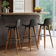 Conjunto Banqueta Alta Tecido Linho Preto Detalhe em Aço Cor Preto para Balcão - 3 Unidades