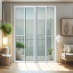 Porta de Correr 4 Folhas Moveis 210 X 240 Elite com Fechadura Tetra Vidro Liso Branco