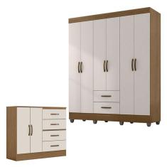 Guarda Roupa Casal 6 Portas e Cômoda 4 Gavetas 2 Portas Lite Nature Off White - Móveis Leão