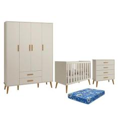 Dormitório Infantil Isis Guarda Roupa 4 Portas, Cômoda e Berço Areia c