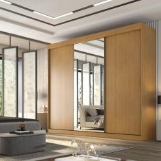 Guarda Roupa Casal 3 Portas de Correr com Espelho Central 6 Gavetas Garibaldi 100% MDF Cinamomo/Off White
