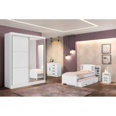 Guarda Roupa Solteiro com Espelho 2 Portas 3 Gavetas - Athenas -Branco - Móveis D`Doro
