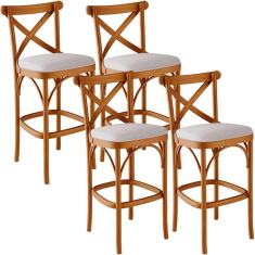 Kit 04 Banquetas Altas Cozinha Bancada Bar Sala de Jantar Estofada Ávila L02 Linho Bege - Lyam